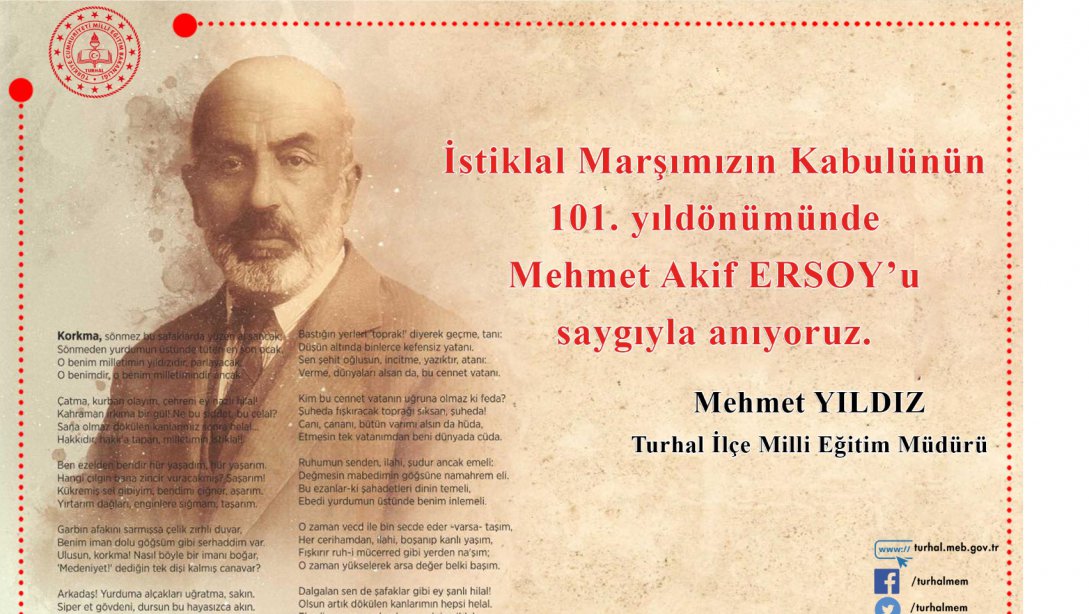 İlçe Milli Eğitim Müdürümüz Mehmet Yıldız'ın İstiklal Marşının Kabulünün Yıldönümü Mesajı